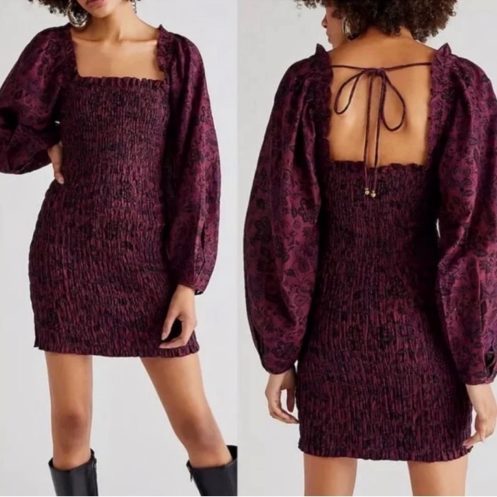 NWT Free People Plum Smock It To Me Ruffle Back Tie Smocked Dress Sz M